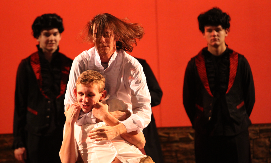Senior Graham Thomason (Orlando) and freshman Colvin Iorio (Charles) wrestle in on of the opening scenes of the play.